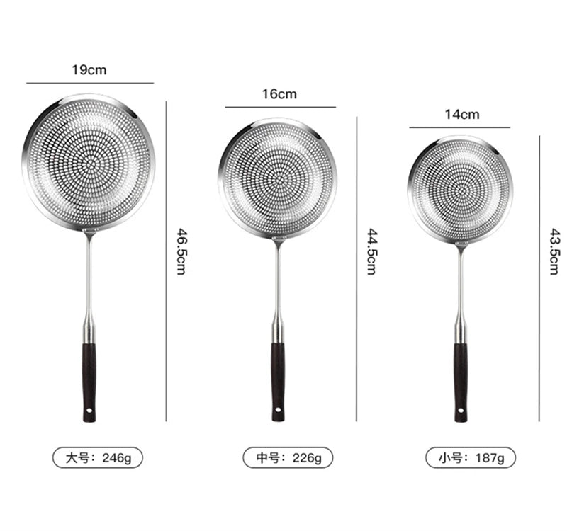 304 Stainless Steel Fine Mesh Kitchen Skimmer Strainer with Non-Slip Anti-Scald Wooden Handle, Great for Deep Frying, Noodles, Dumplings, Pasta & Vegetables, Oil Filtering & Draining, Available in 14cm, 16cm & 19cm Sizes
