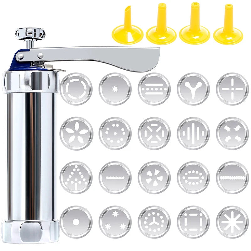 Stainless Steel Cookie Press Gun Kit – Biscuit Press with 20 Discs & 4 Icing Nozzles – Great for Homemade Biscuits & Decorating Silver
