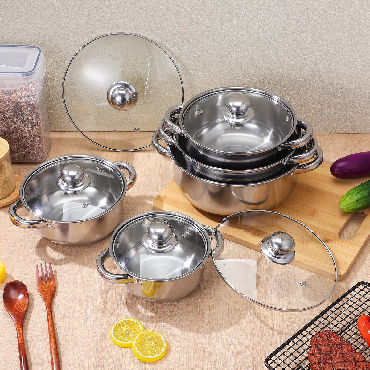 5 Piece Stainless Steel Saucepan & Stock Pot Set with Glass Lids – Induction Pots & Pans – Perfect for Soups, Sauces & Home Cooking