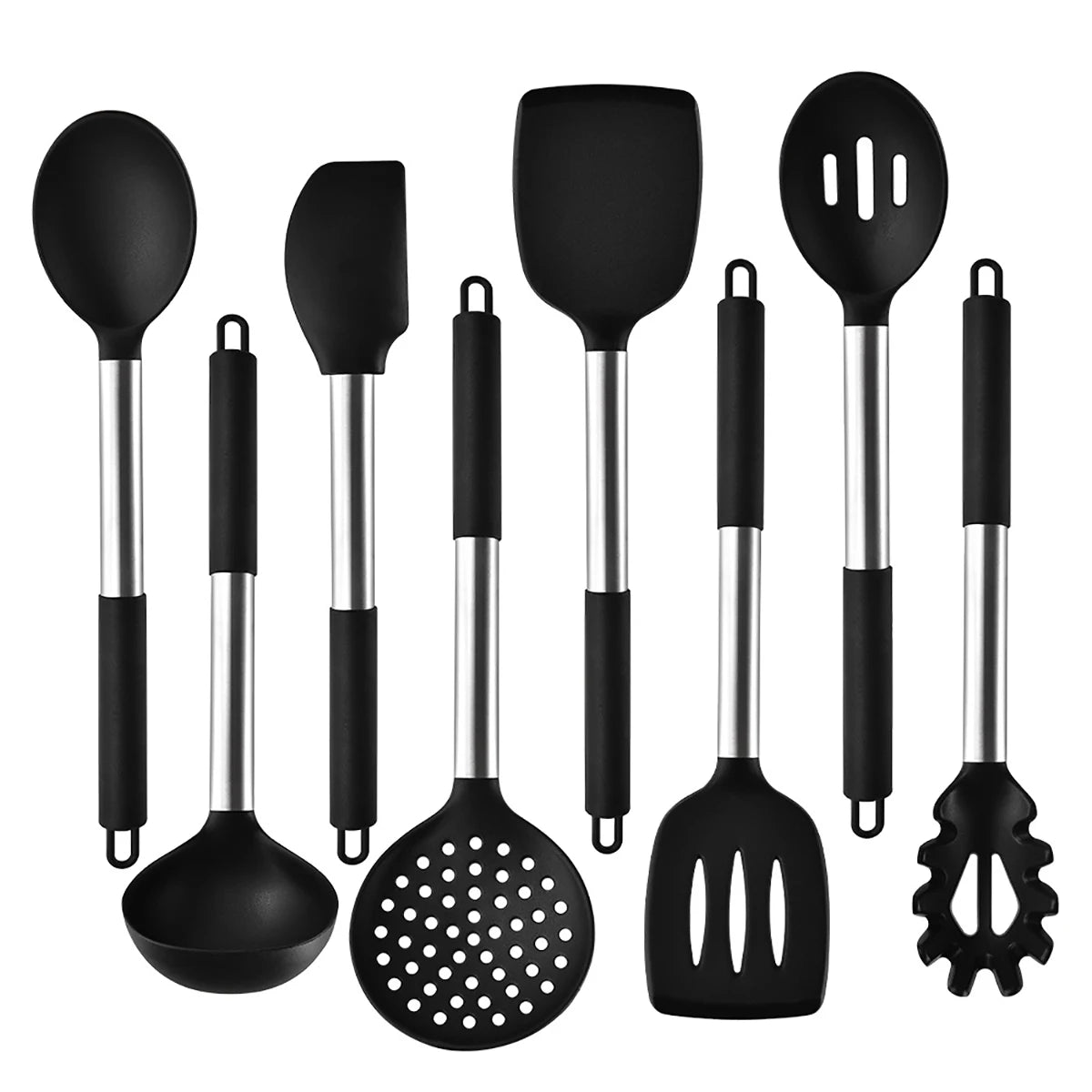 Silicone Kitchen Utensils Set with Stainless Steel Handles – Heat-Resistant & Safe for Non-Stick Cookware – Ideal for Daily Cooking – Available in Multiple Colours & Various Piece Set Options