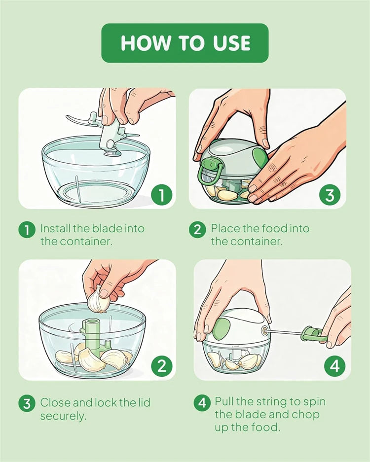 Pull String Food Chopper with Container – Manual Vegetable Chopper & Onion Cutter – Ideal for Garlic, Onions, Herbs & Veggies
