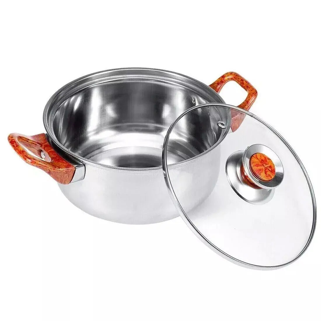 6 Piece Stainless Steel Cookware Set with Glass Lids & Wood-Effect Handles – Uncoated Mirror-Polished Pots & Pans – Best for Induction & Healthy Cooking