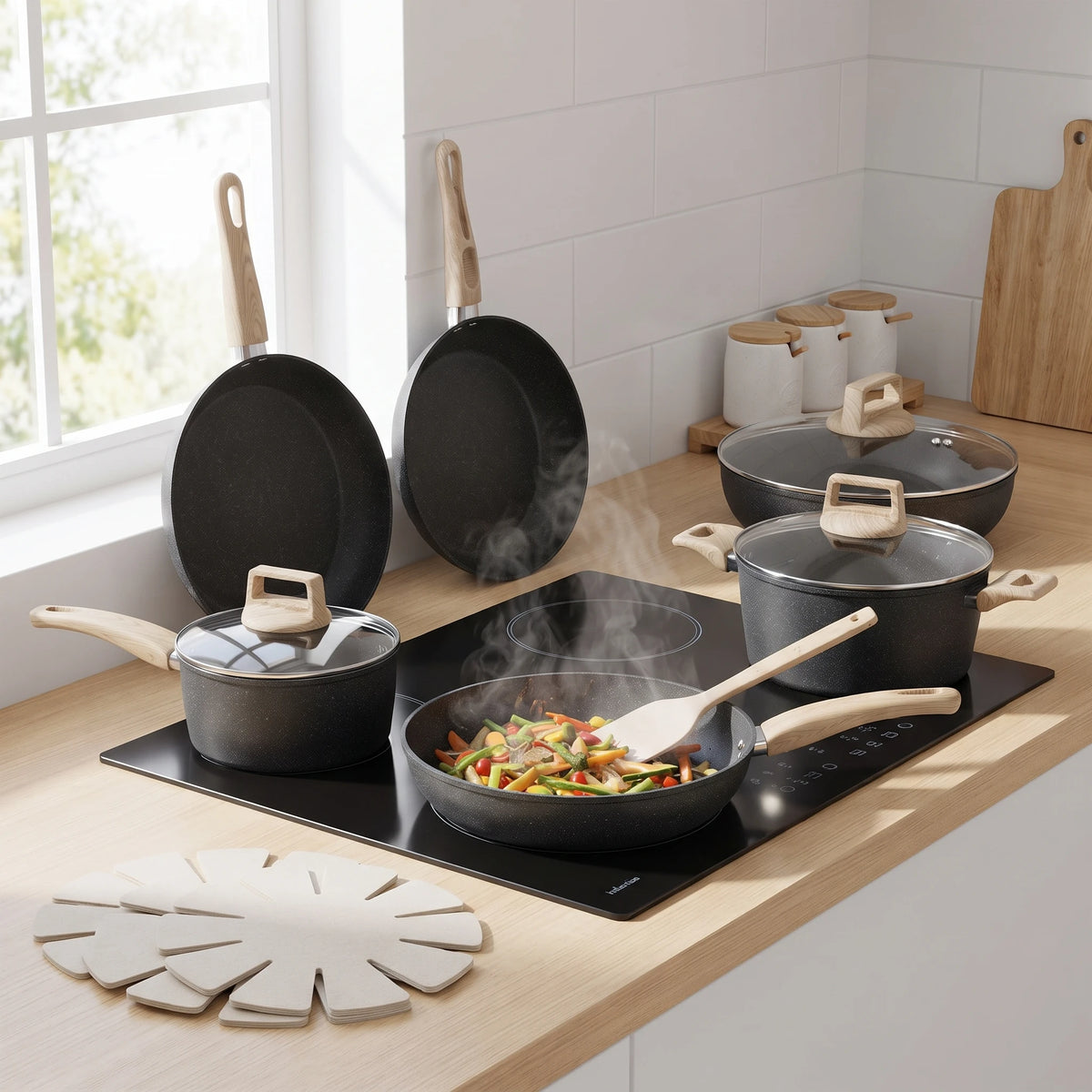 Ceramic Non-Stick Pots & Pans Set 14 Piece – PFAS-Free Aluminium Cookware with Frying Pans, Saucepans, Stockpot & Steamer – Ideal for Induction & Easy Cleaning