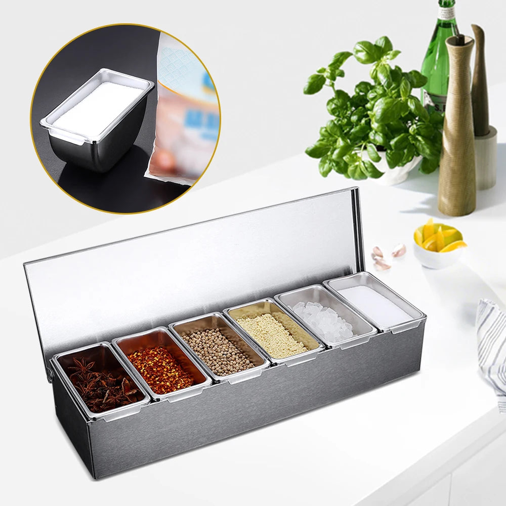 Stainless Steel 6-Compartment Seasoning Box with Lid