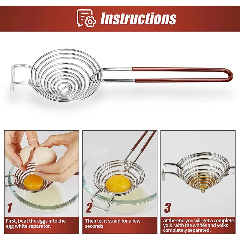 Long Handle Stainless Steel Egg Separator – Egg White & Yolk Divider Filter – Ideal for Baking, Meringues & Omelettes – Available in Brown & Red Colours