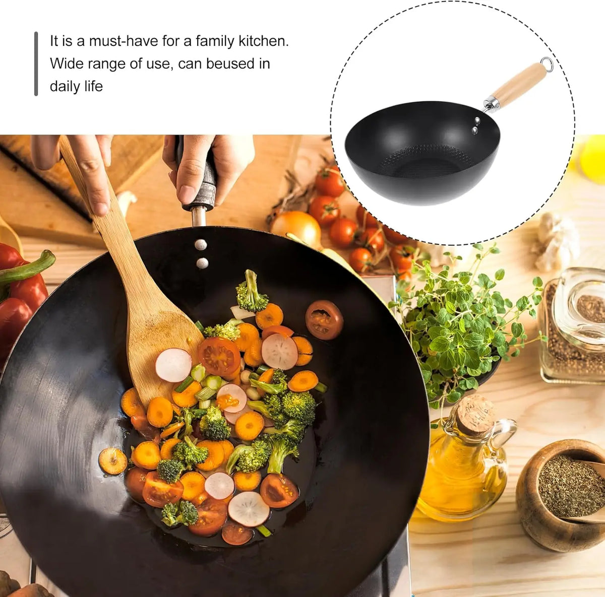 Flat Bottom Iron Wok – Uncoated Stir-Fry Wok for Induction & Gas Hobs, with or without Lid – Perfect for Stir-Fries & Fried Rice – Available in 20cm, 22cm & 28cm