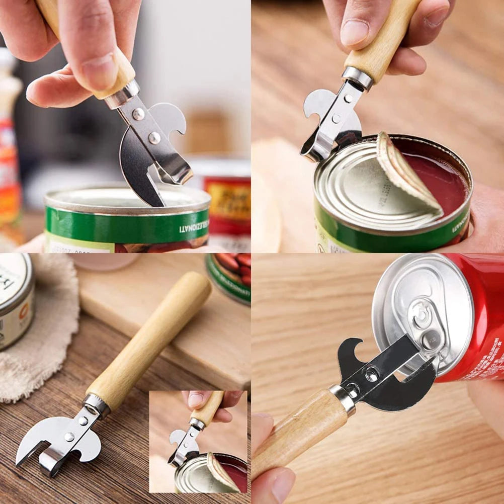 Stainless Steel Can & Bottle Opener with Wooden Handle – Multi-Function Manual Lid Remover – Ideal for Tins, Jars & Bottles