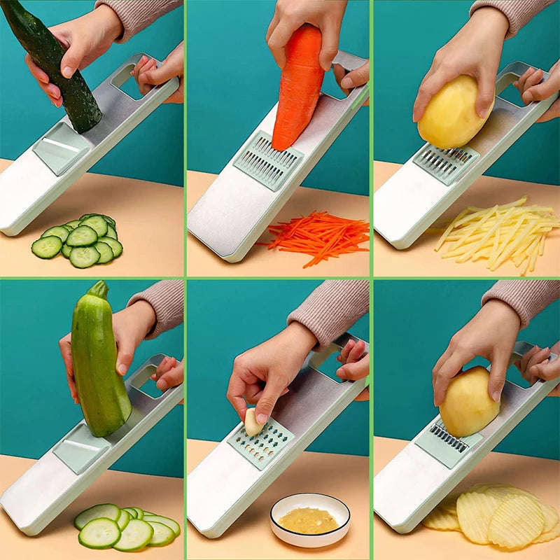 6 in 1 Mandoline Vegetable Slicer with 6 Interchangeable Stainless Steel Blades – Julienne Shredder & Veggie Slicer – Perfect for Salads & Meal Prep – Available in Light Green & Light Grey Colours