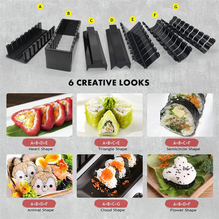 10 Piece Sushi Maker Kit – Sushi Mould Press & Rice Roll Moulds – Best for Homemade Sushi Rolls, Onigiri & Rice Shapes