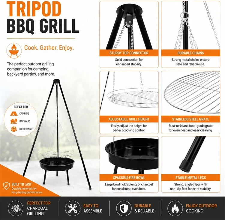 Campfire Tripod Grill with Barbecue Basin – Steel Camping Firepit Cooking Rack & Lantern Hanger – Best for Outdoor Cooking & Camping