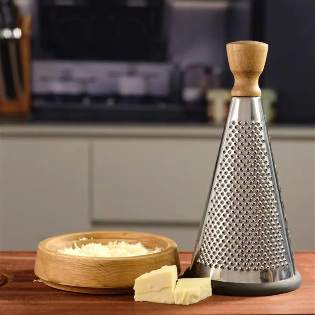Multi-functional Stainless Steel Cone-Shaped Cheese Grater with Wood Base Container and Wooden Handle – Perfect for Parmesan Cheese, Vegetables, and Fruits in a Vintage Style