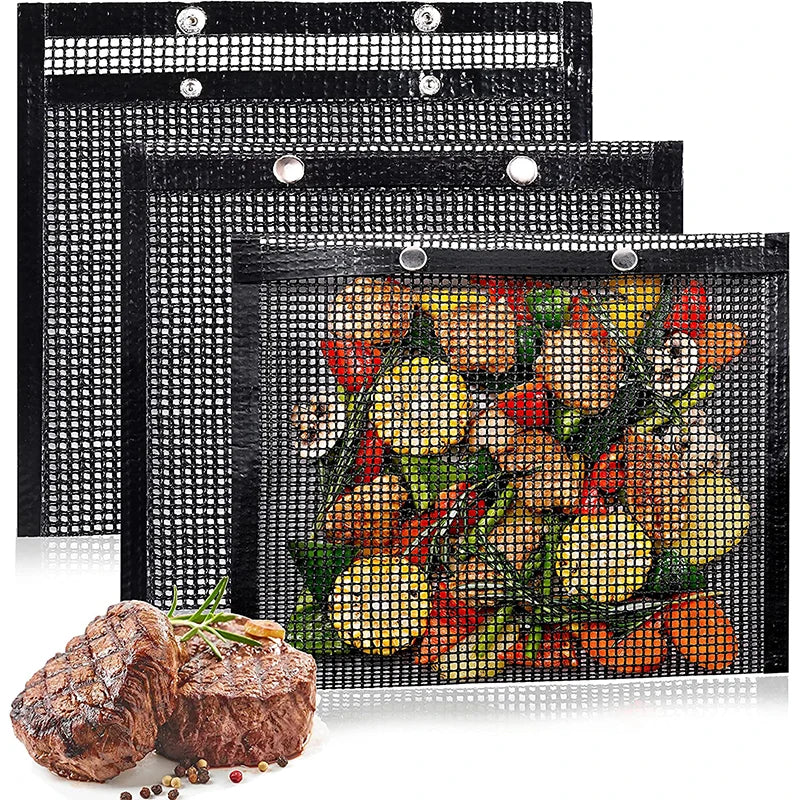 Reusable PTFE Mesh Grill Bags – Non-Stick BBQ Bags for Charcoal, Gas Grills & Smokers – Best for Grilling Vegetables, Fish & Small Foods – Available in 3 Sizes