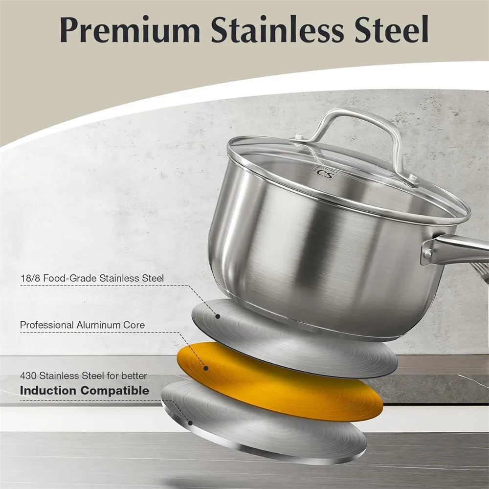 10 Piece 18/10 Stainless Steel Pots & Pans Set with Glass Lids – Saucepans, Casserole & Frying Pans – Ideal for Induction, Oven & Everyday Family Cooking