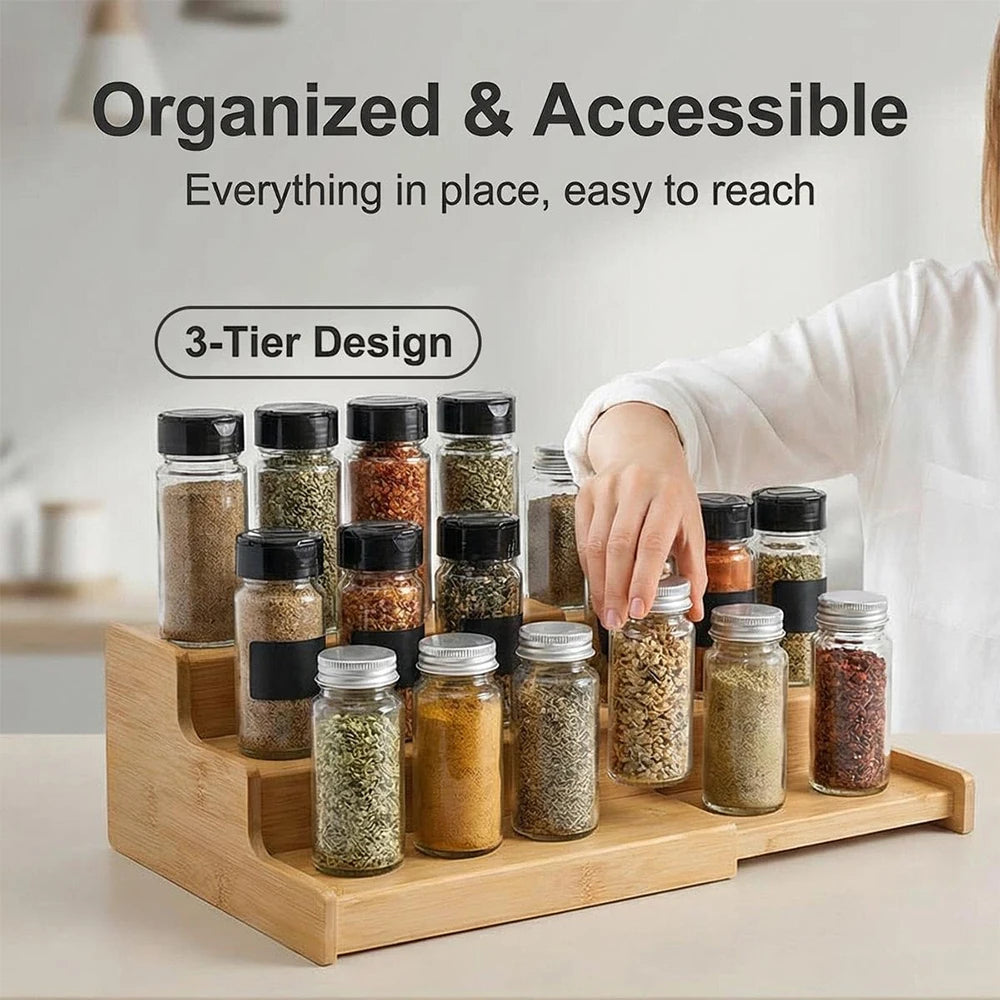 3 Tier Expandable Bamboo Spice Rack – Cabinet Spice Shelf & Seasoning Organiser Stand – Perfect for Kitchen Cupboards & Worktops