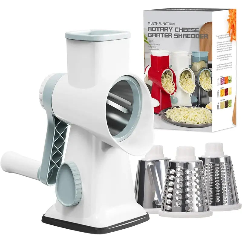 3 in 1 Rotary Cheese Grater – Easy-to-Swap Stainless Steel Interchangeable Rotating Drum Blades for Effortless Slicing, Shredding, and Grating (Available in Grey, White, and Red Colours) WHITE