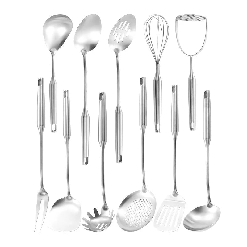 Stainless Steel Kitchen Utensils Set – Long 304 Stainless Steel Cooking Utensil Set, Includes Ladle, Whisk, Tongs, Spatula, Skimmer, Turner, Pasta Server & More, Heat-Resistant & Dishwasher Safe, Available in 3 Sizes 11 Pieces