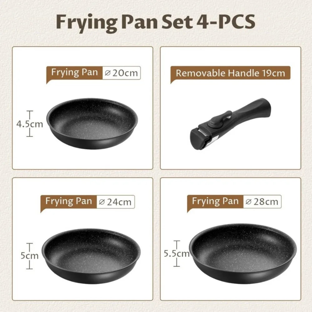 4 Piece Non-Stick Frying Pan Set with Detachable Handle – 23cm & 28cm Frying Pans & 28cm Sauté Pan – Great for Stove to Oven & Stackable Storage