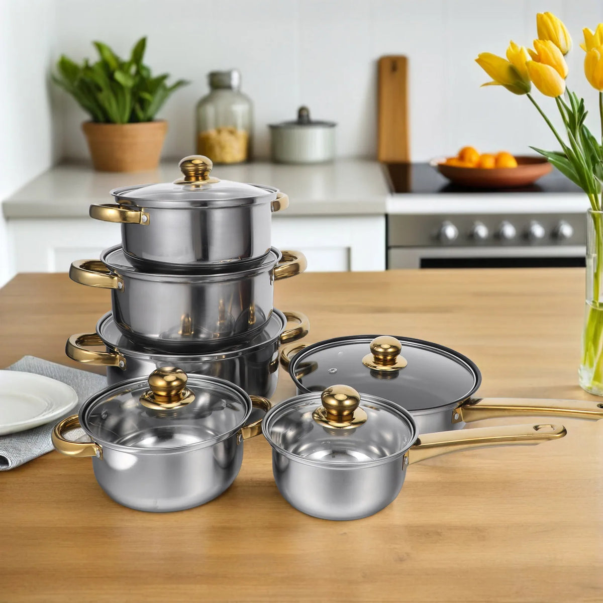 Golden Handle Stainless Steel Cookware Set with Clear Lids – 6 Piece Stackable Stock Pot, Casserole & Frying Pans – Best for All Hobs & Small Kitchens