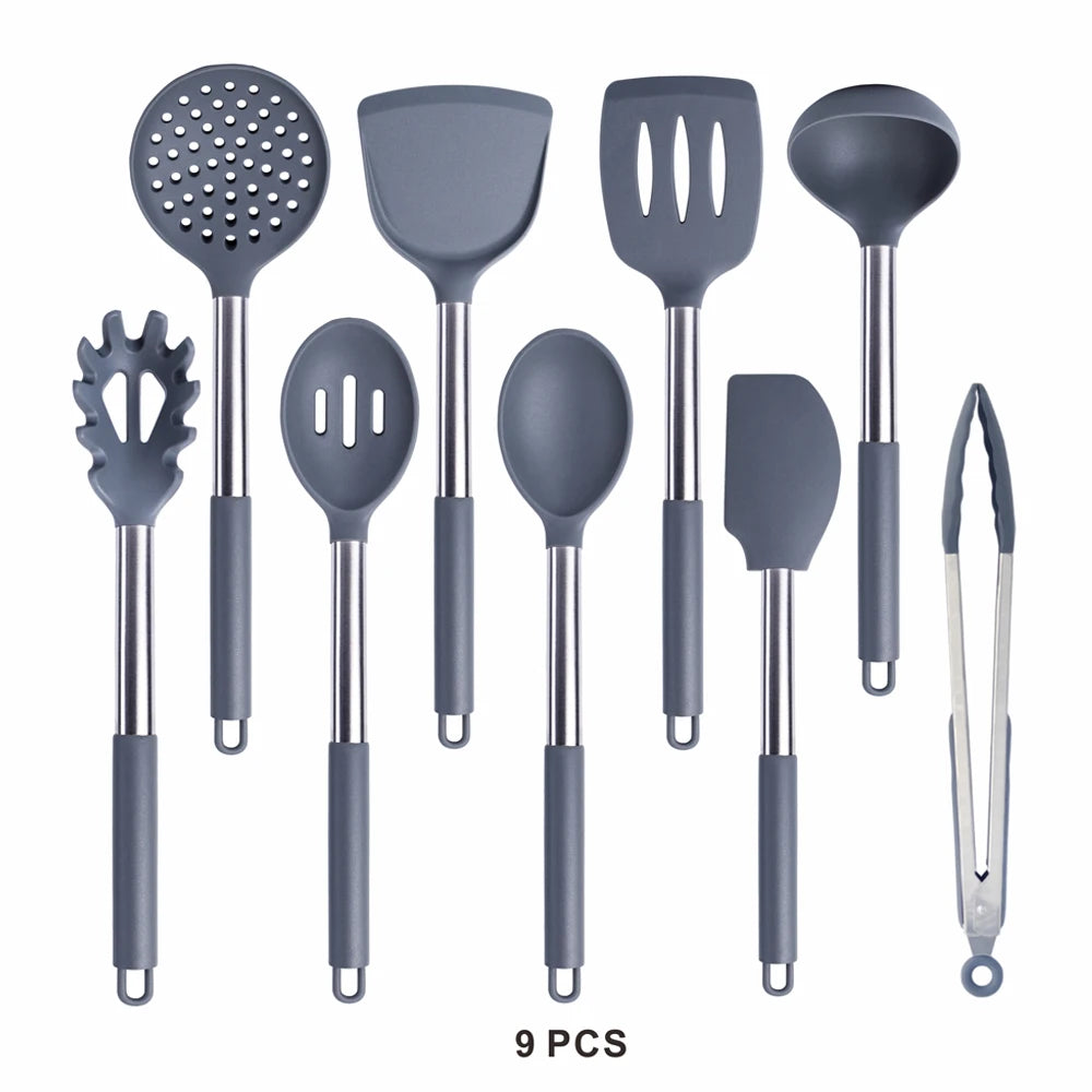 Silicone Kitchen Utensils Set with Stainless Steel Handles – Non-Stick Safe, Heat Resistant | Grey & Black | Available in 5 to 15-Piece Sets