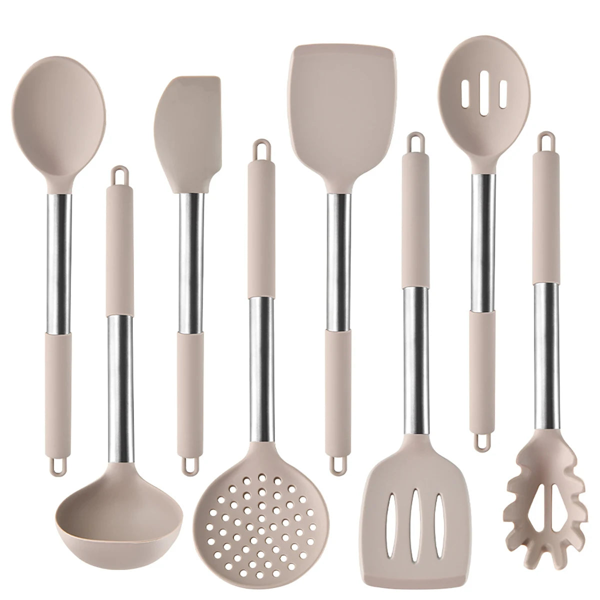 Silicone Kitchen Utensils Set with Stainless Steel Handles – Heat-Resistant & Safe for Non-Stick Cookware – Ideal for Daily Cooking – Available in Multiple Colours & Various Piece Set Options