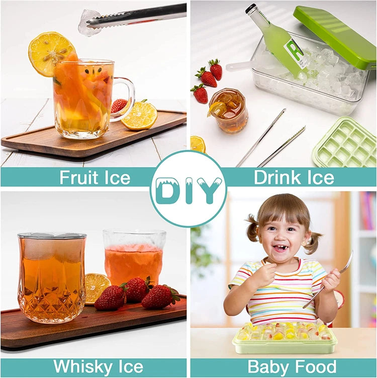 Stackable Silicone Ice Cube Tray Set with Storage Bin – 2 Trays & 64 Nugget Ice Moulds – Best for Chilling Drinks & Freezing – Available in Pink, Blue, Green & Orange Colours