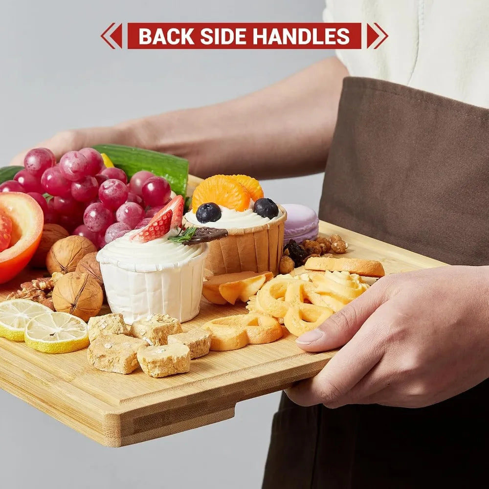 Bamboo Chopping Board Set with Stand – 3 Carbonised Wood Boards with Juice Grooves – Ideal for Space-Saving Everyday Prep