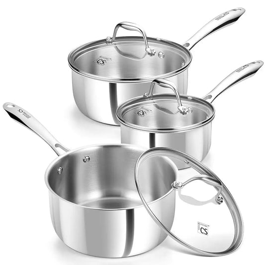 6 Piece Tri-Ply Stainless Steel Saucepan Set with Glass Lids – 14cm, 18cm & 20cm Milk Pan & Saucepans – Great for Sauces, Soups & Induction Hobs