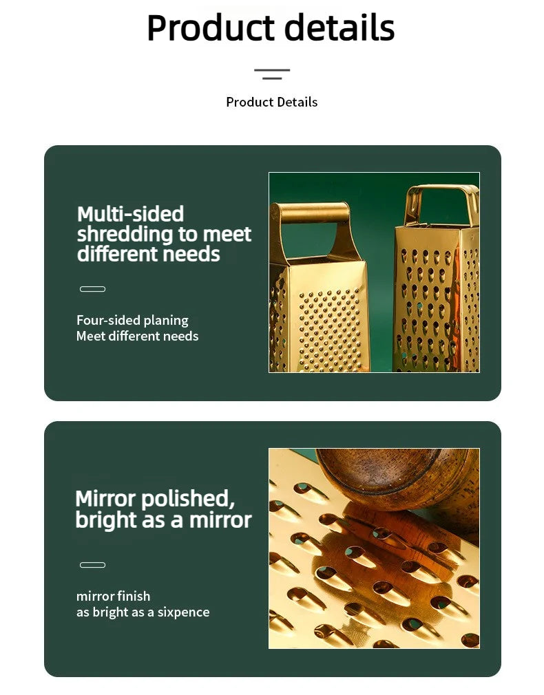 Stainless Steel Four-Sided Cheese Grater – Multi-Functional Handheld Box  Grater  & Vertical Fruit Slicer, Available in Gold & Silver