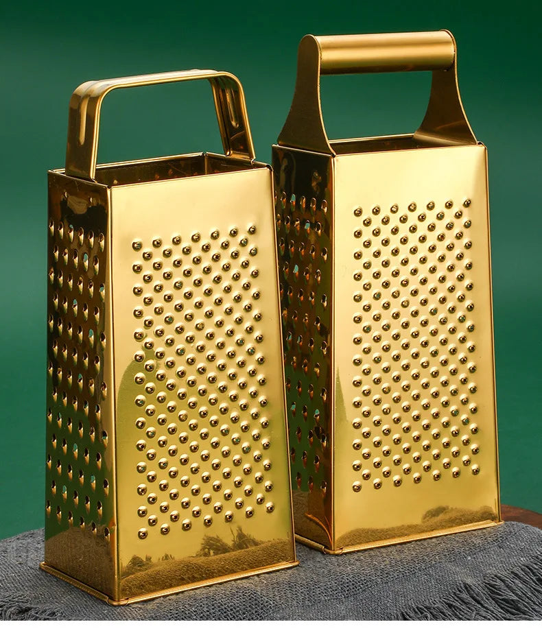 Stainless Steel Four-Sided Cheese Grater – Multi-Functional Handheld Box  Grater  & Vertical Fruit Slicer, Available in Gold & Silver
