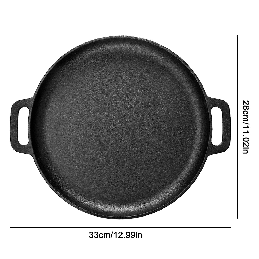 Cast Iron Double Handle Frying Pan with Gloves – Non-Stick Grill Skillet, Pancake & Pizza Pan – Perfect for Home & Outdoor Camping (28cm)