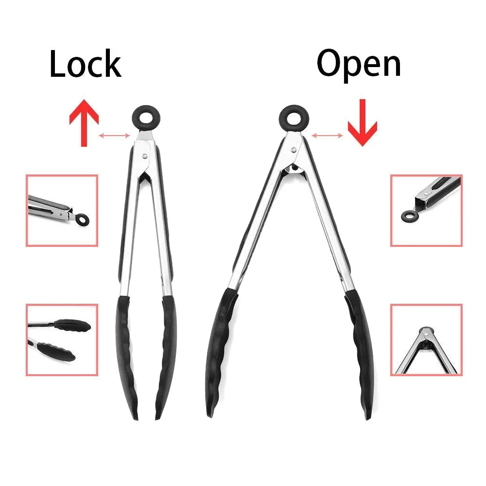 Locking Silicone Kitchen Tongs with Stainless Steel Handles – Non-Stick BBQ & Cooking Tongs – Best for Grilling, Frying & Serving – Available in Black & Red, 9 or 12 Inch