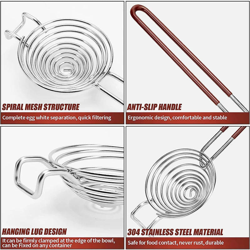 Long Handle Stainless Steel Egg Separator – Egg White & Yolk Divider Filter – Ideal for Baking, Meringues & Omelettes – Available in Brown & Red Colours