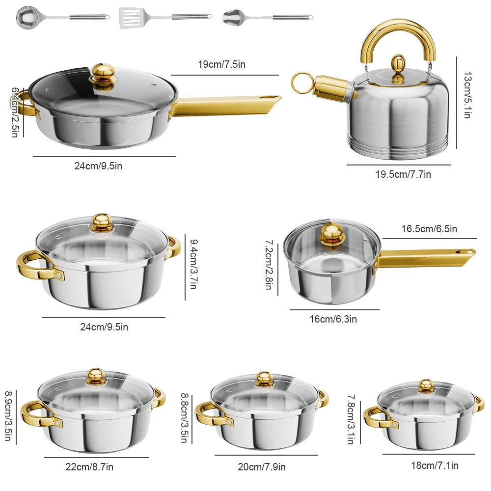 Stainless Steel Cookware Set with Kettle & Non-Stick Pan – Thickened Stockpots 18cm to 24cm with Lids – Ideal for All Hobs – Available in 14 & 17 Piece Sets