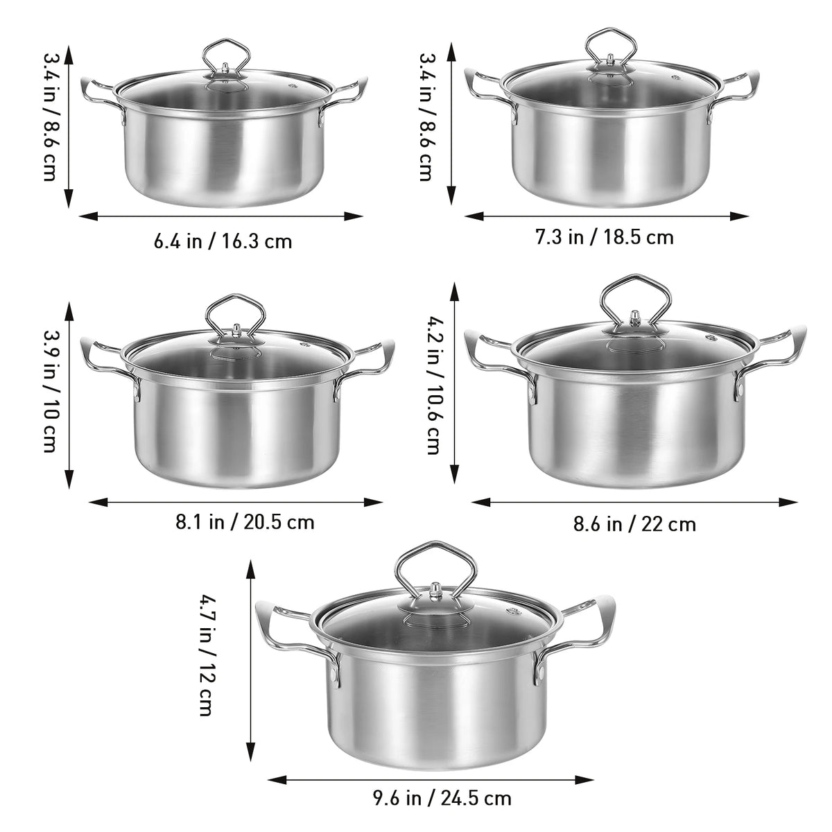 5 Piece Stainless Steel Cookware Set with Glass Lids – Stock Pot, Sauce Pot & Casserole with Silver Handles – Ideal for Induction & Home Cooking