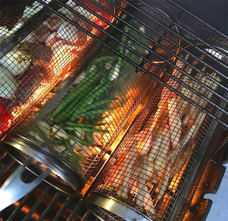 Stainless Steel Rolling BBQ Grill Basket
