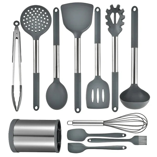 Food-Grade 12-Piece Silicone & Stainless Steel Kitchen Utensils Set with 360° Rotating Storage Holder– Heat-Resistant Cooking & Baking Utensils