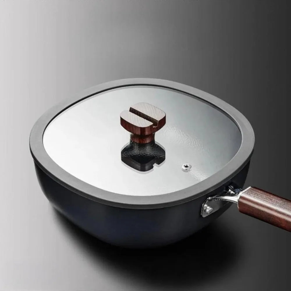 24cm Refined Iron Square Deep Frying Pan with Glass Lid & Wooden Handle – No Coating, Flat Bottom, Deep Wok-Style Stir Fry Pan, Great Cookware for Frying, Boiling, and Stir-Frying