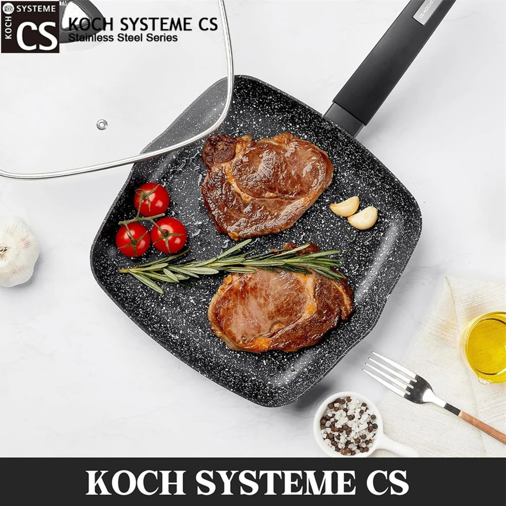 Square Non-Stick Grill Pan with Glass Lid – Marble-Coated Aluminium Steak Pan with Soft-Touch Handle – Ideal for Steaks, Chicken & Vegetables (28cm)