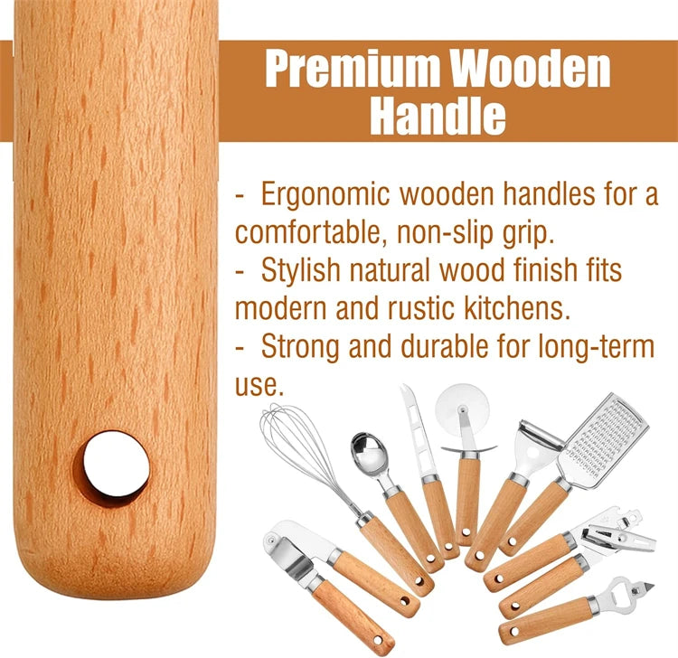 Stainless Steel Kitchen Gadget Set with Wooden Handle