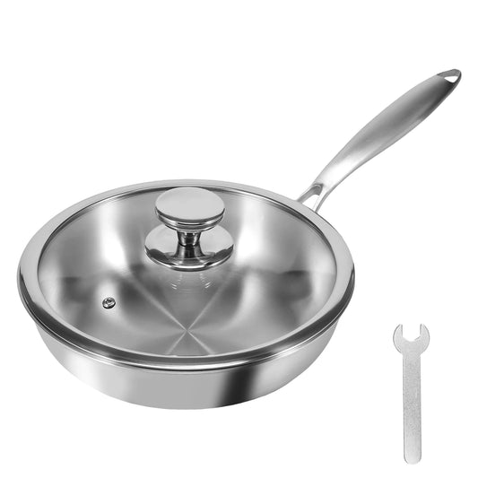 Stainless Steel Skillet with Clear Glass Lid – Uncoated, 304 Even-Heat Cooking Pan for Stir-Fry, Sauteing, Frying & Daily Kitchen Use – Size: 26cm