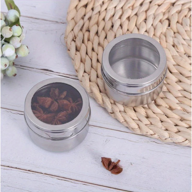 Magnetic Spice Rack Set with Steel Tin Jars – Fridge Side Spice Organiser with Clear Shaker Lids – Perfect for Saving Kitchen Space