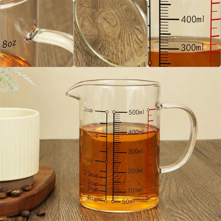 Borosilicate Glass Measuring Jug with Handle & V-Shaped Spout – Clear Scale Measuring Cup – Best for Baking, Liquids & Microwave Use – Available in 400ml, 500ml, 600ml & 1000ml
