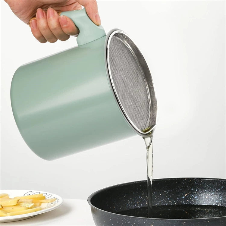 1.4L Stainless Steel Cooking Oil Storage Pot with Strainer – Oil Filter Container & Grease Keeper – Great for Reusing Frying Oil – Available in Pink, Green & Light Green Colours