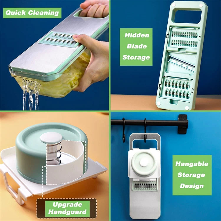 6 in 1 Mandoline Vegetable Slicer with 6 Interchangeable Stainless Steel Blades – Julienne Shredder & Veggie Slicer – Perfect for Salads & Meal Prep – Available in Light Green & Light Grey Colours