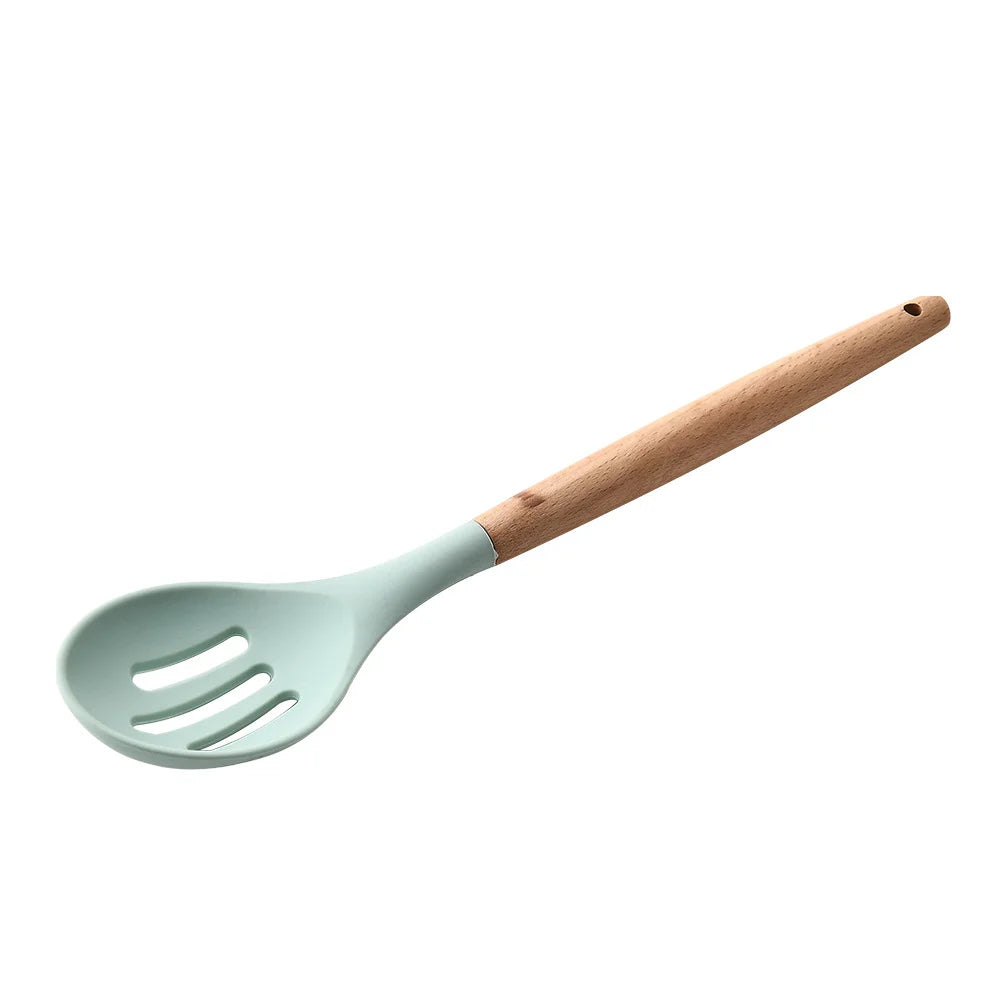 Heat Resistant Silicone Cooking Utensil with Wooden Handle – Up to 230°C Turner, Tongs, Spatula, Spoon, Brush & Whisk – Ideal for Nonstick Cookware Style 2