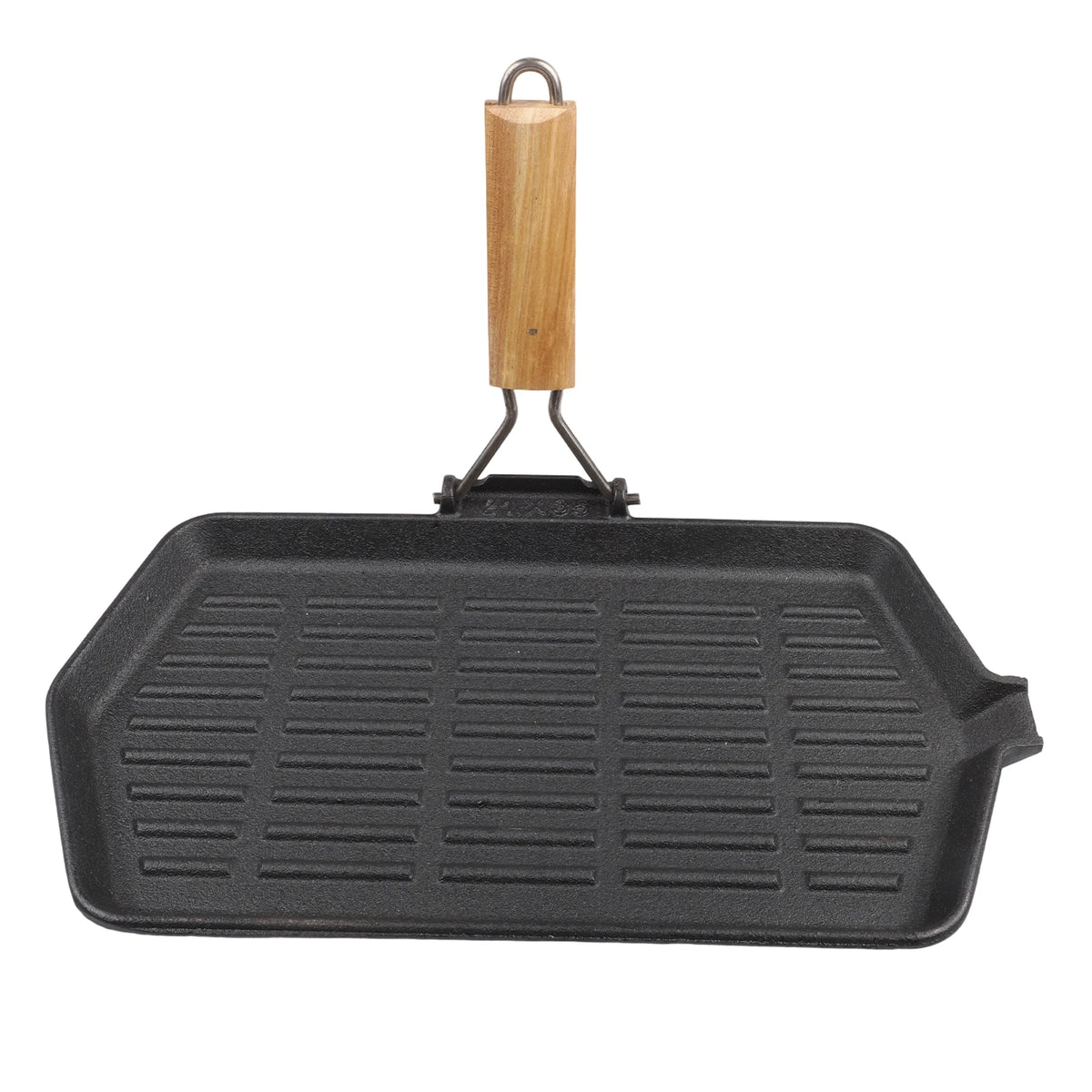 Square Cast Iron Grill Pan with Foldable Wooden Handle – Non-Stick Ridged Griddle Skillet for Indoor & Outdoor Grilling – Ideal for Steaks, Fajitas & Vegetables (21 x 35cm)