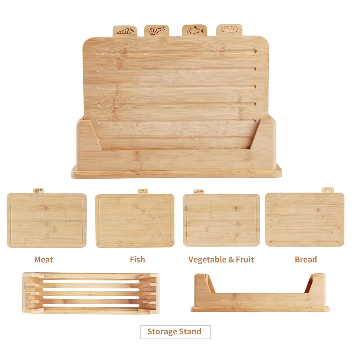 Bamboo Chopping Boards with Food Symbols – Set of 4 with Storage Rack & Juice Grooves – Great for Meat, Veg, Fruit & Fish