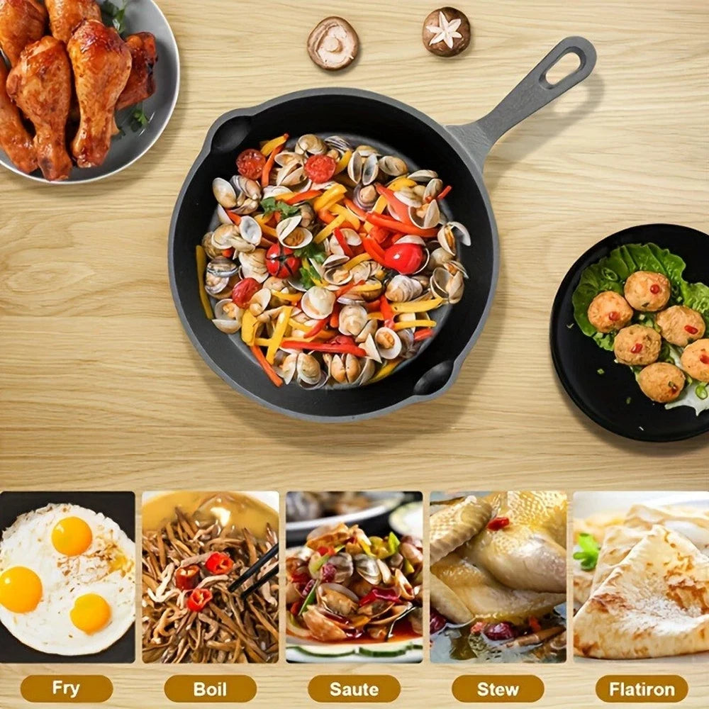 6 Piece Cast Iron Skillet Set – Pre-Seasoned 10cm, 14cm, 16cm & 20cm Pans with Oil Brush & Heat-Resistant Glove – Ideal for Hob, Grill & Campfire Cooking
