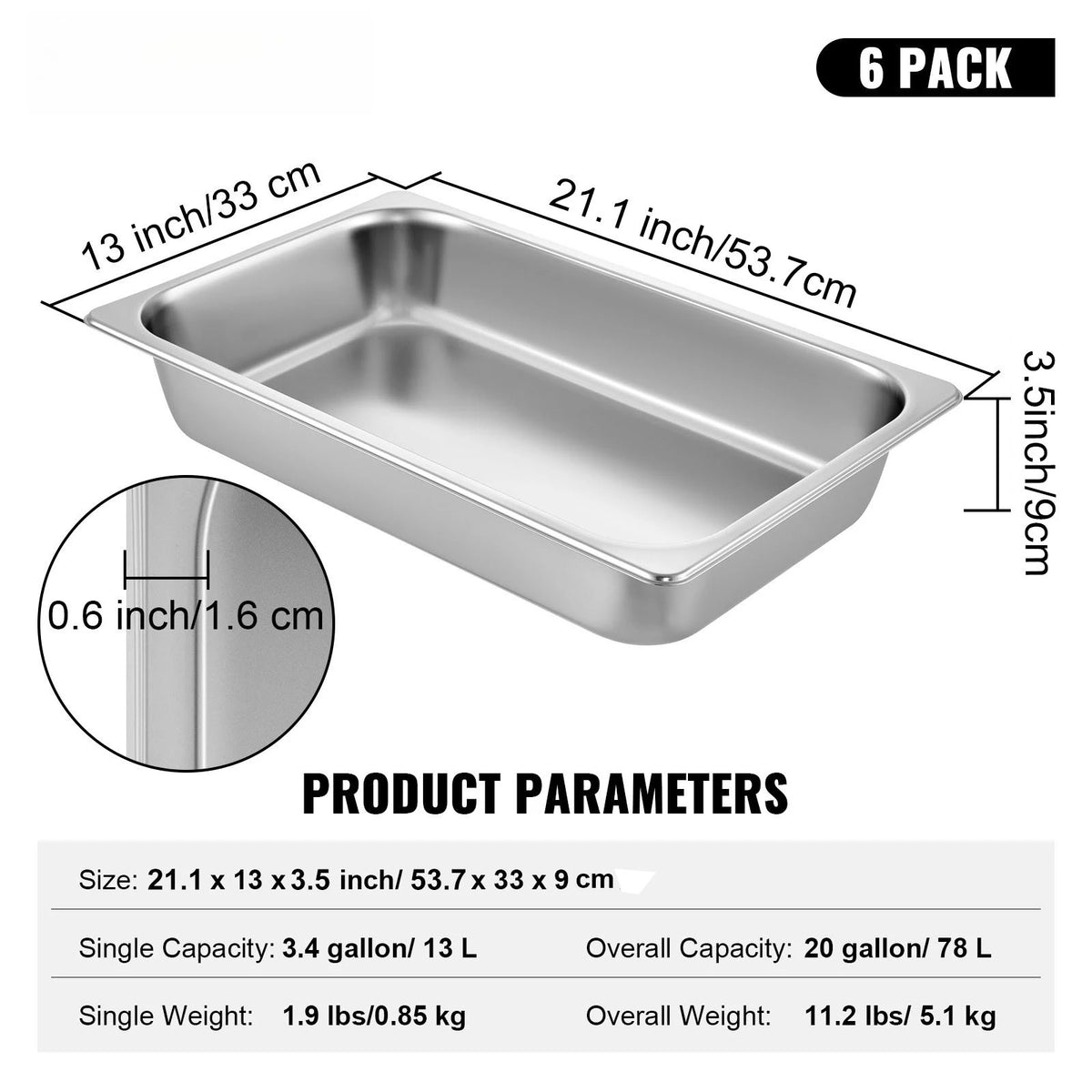 6 Pack Full Size Stainless Steel Steam Table Pans – Deep 13L Hotel & Gastronorm Food Pans – Great for Catering, Buffets & Oven Cooking