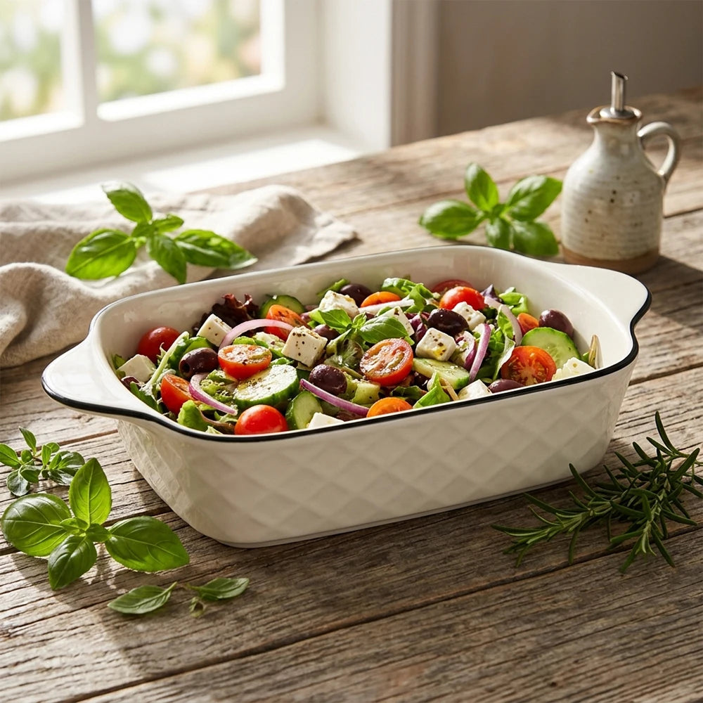 3 Piece Ceramic Baking Dish Set with Handles – 950ml Diamond Pattern Oven Dishes with Black Rim – Best for Lasagne, Pies & Casseroles